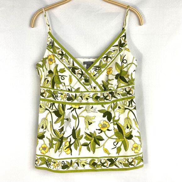 Ann Taylor Floral Spaghetti Strap Tank Top Sz 6 Green Yellow Cotton Empire Waist - Picture 1 of 10